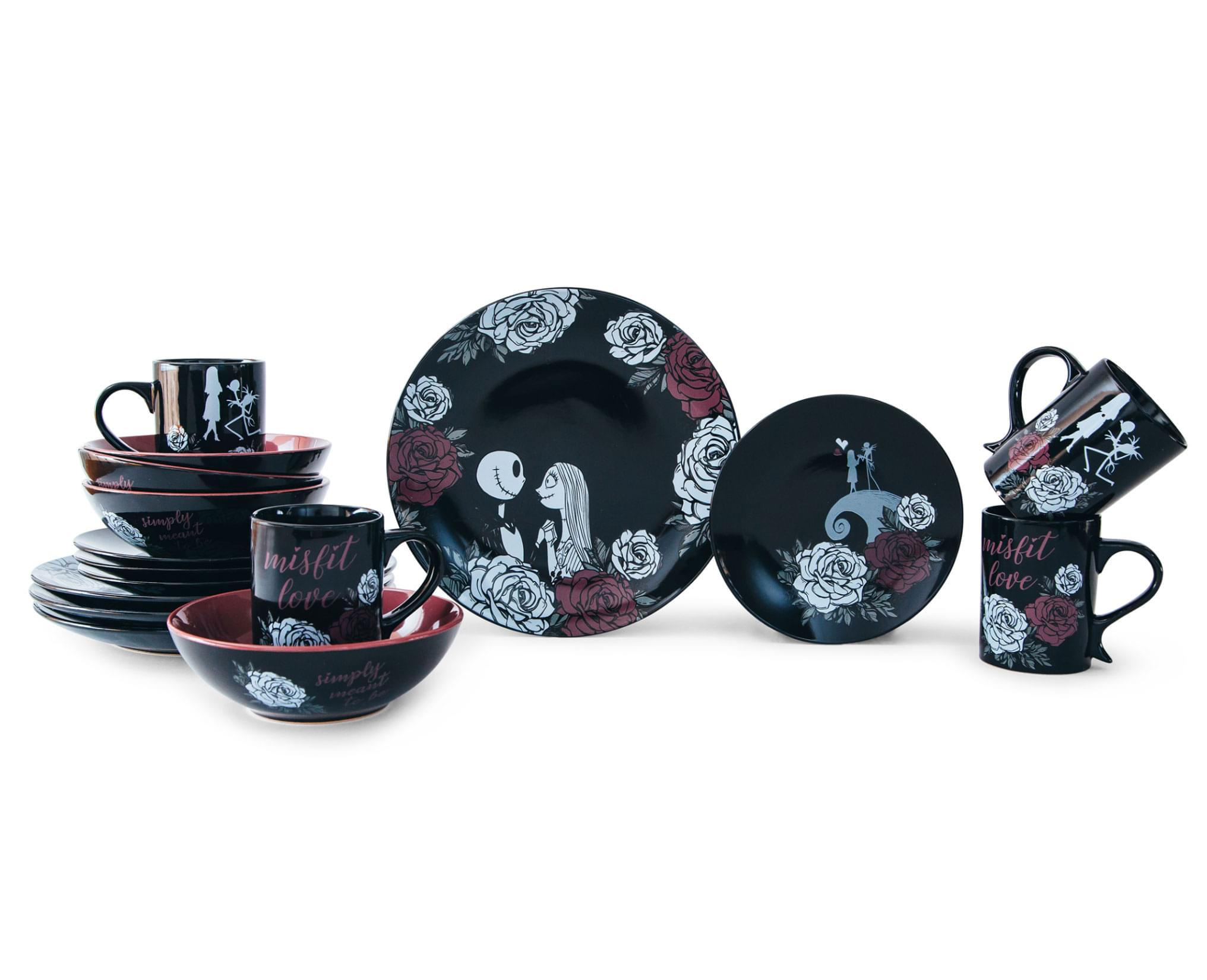 The Nightmare Before Christmas Jack and Sally Black Rose 16 Piece Dinn