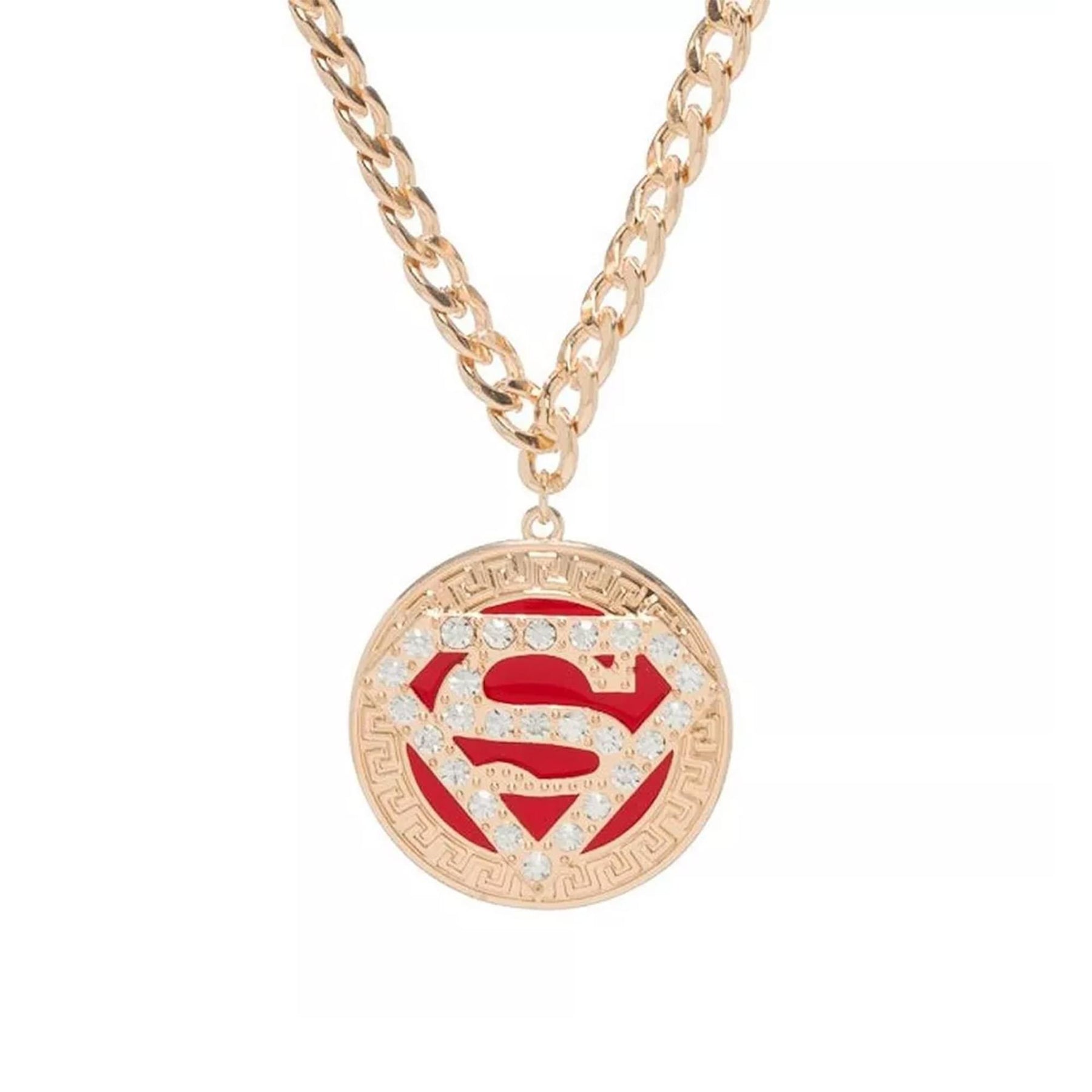 Superman Logo Bling Gold Round Sparkle Pendant Necklace