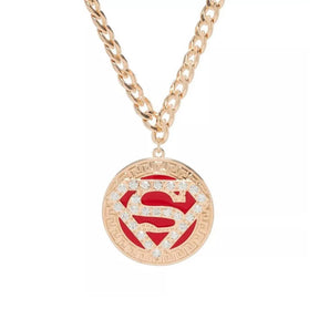 Superman Logo Bling Gold Round Sparkle Pendant Necklace