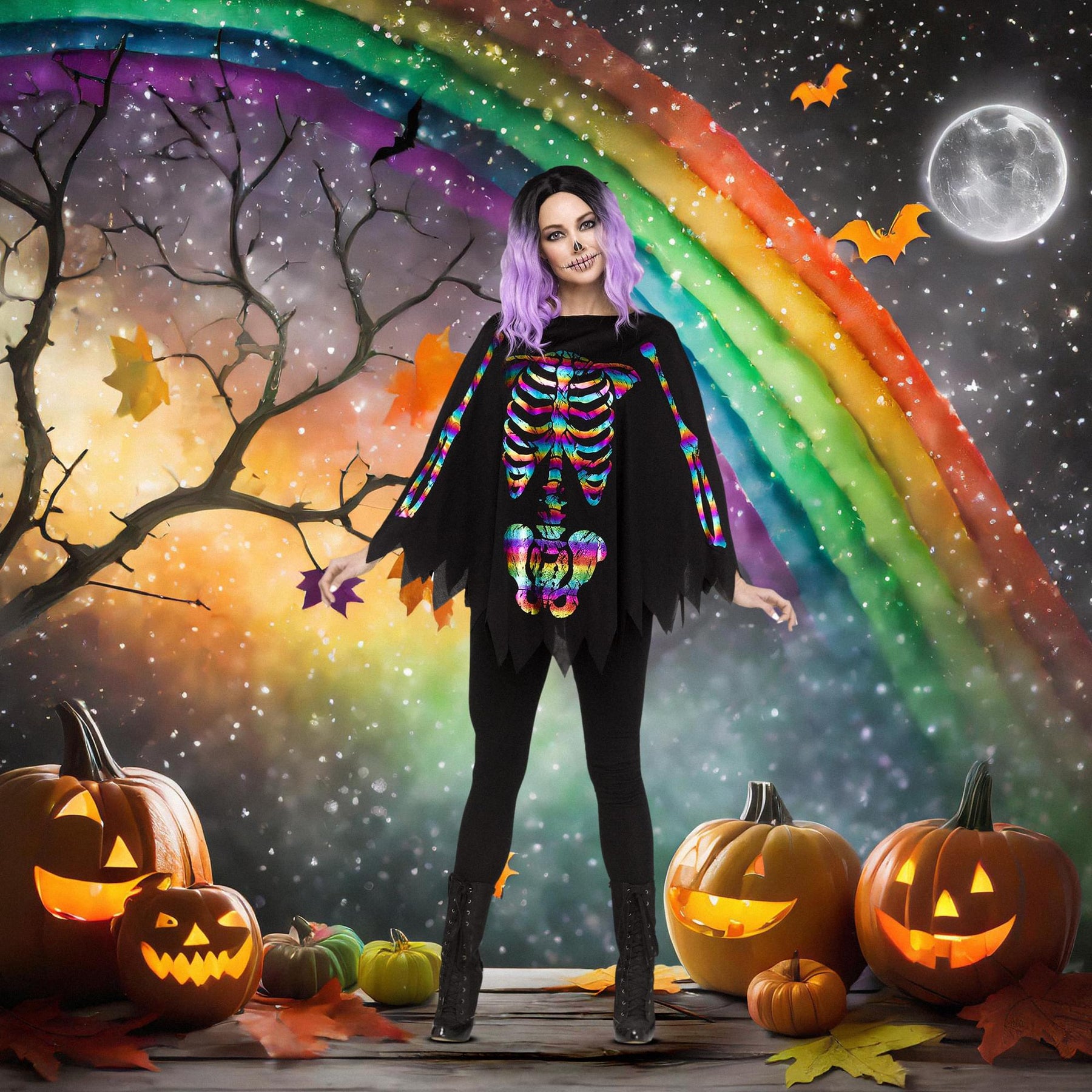 Rainbow Skeleton Adult Costume Poncho | One Size Fits Most