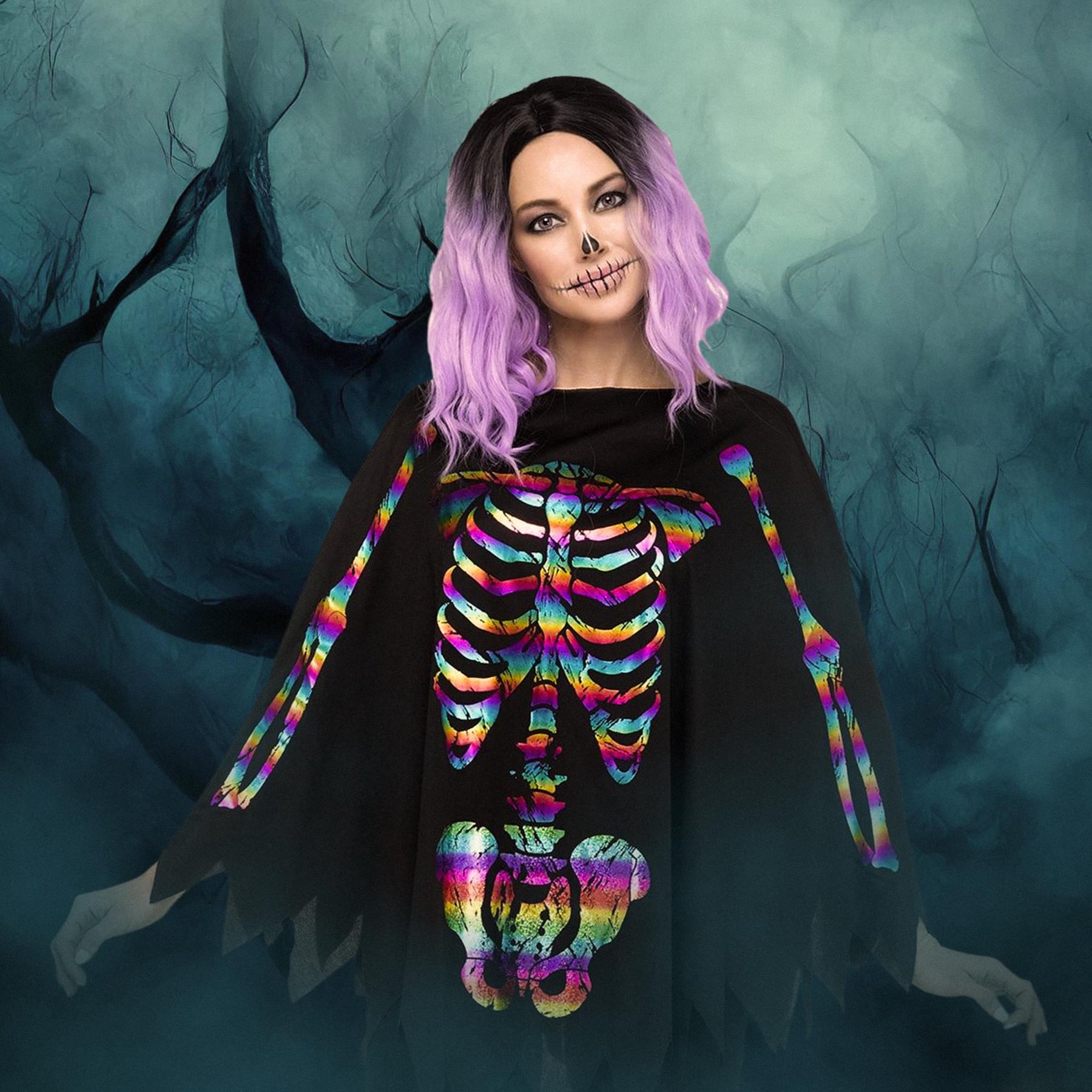 Rainbow Skeleton Adult Costume Poncho | One Size Fits Most