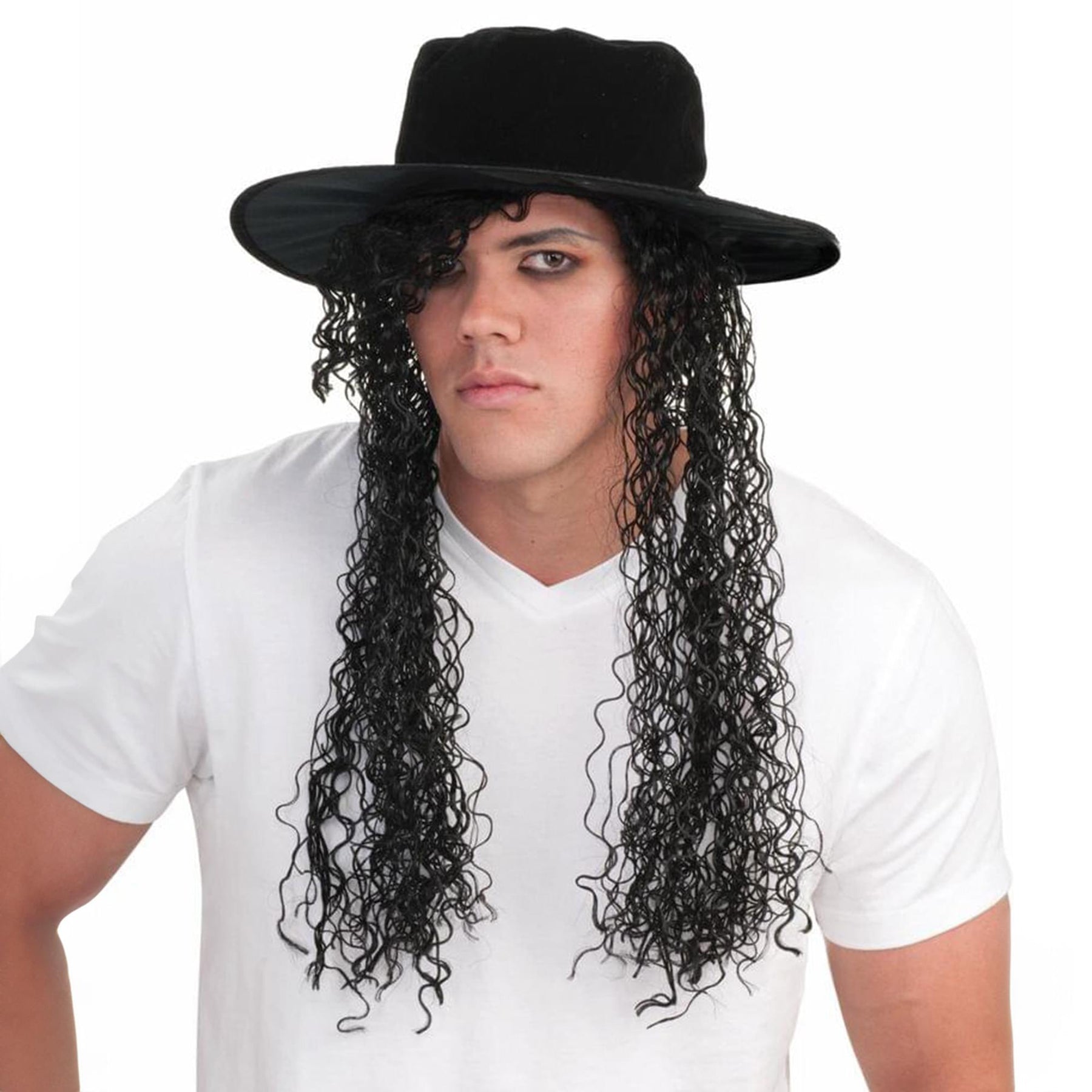 80's Adult Hat And Black Long Curly Costume Wig