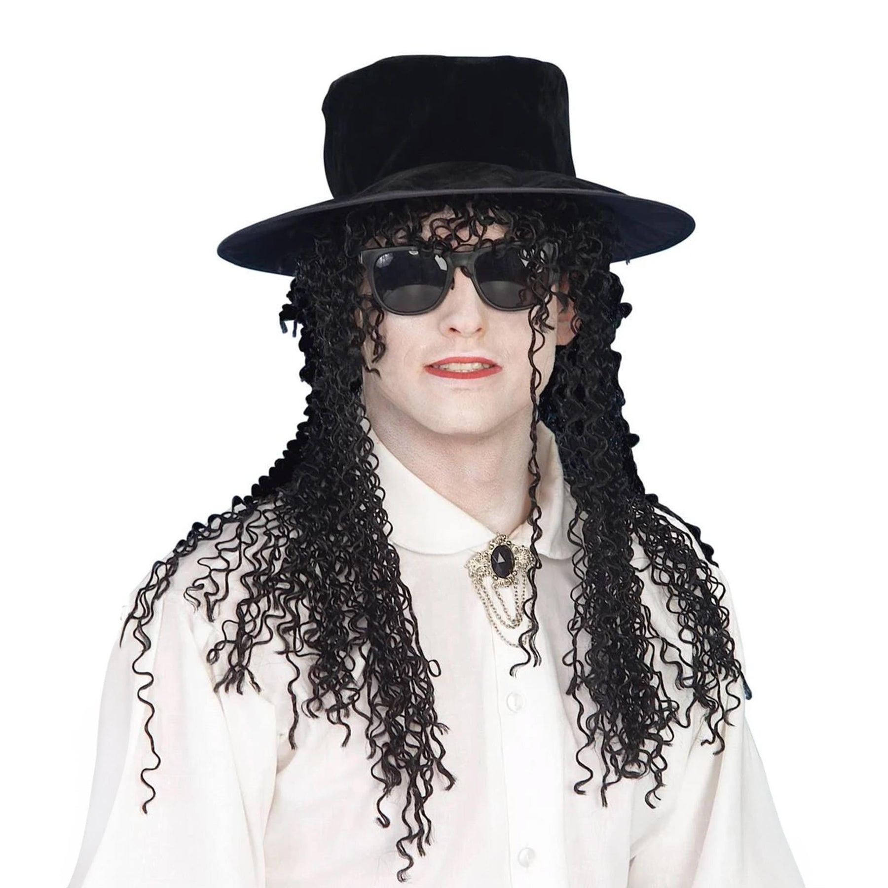 80's Adult Hat And Black Long Curly Costume Wig