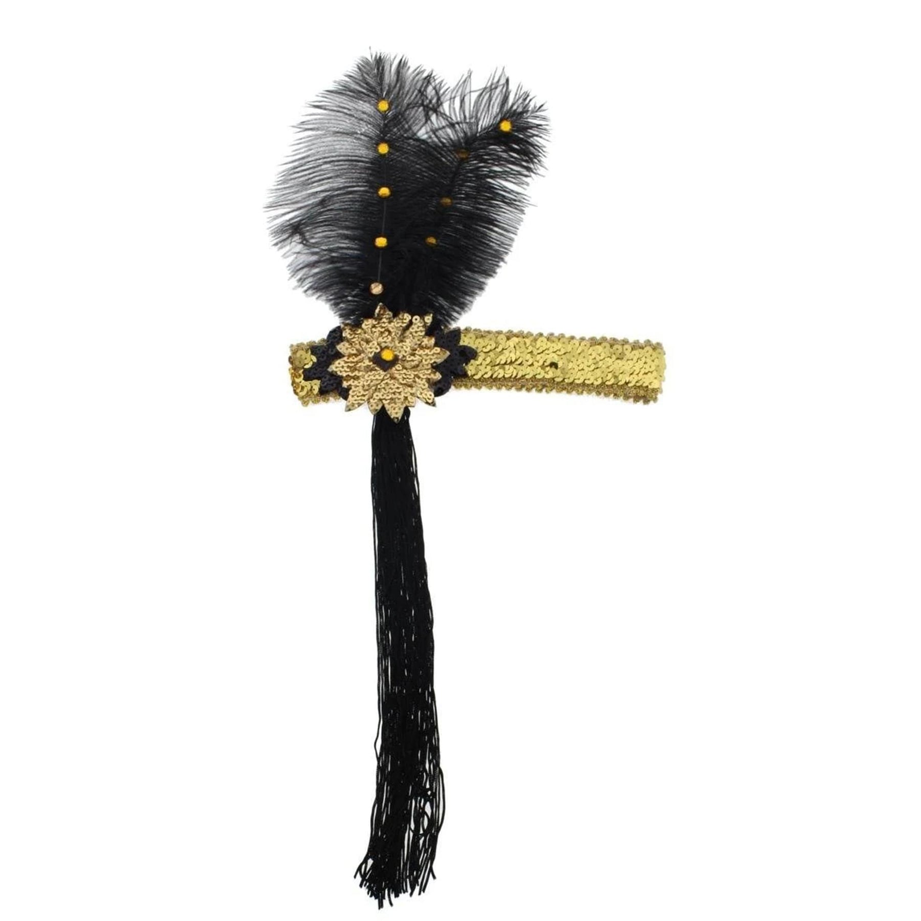 Gold Sequin Adult Costume Flapper Headband With Black Feathers