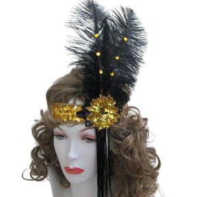 Gold Sequin Adult Costume Flapper Headband With Black Feathers