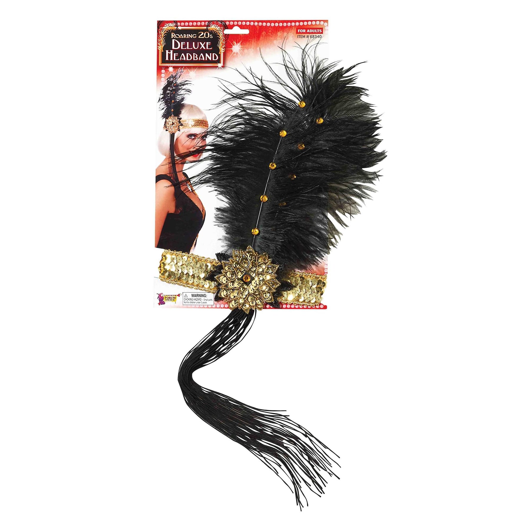 Gold Sequin Adult Costume Flapper Headband With Black Feathers