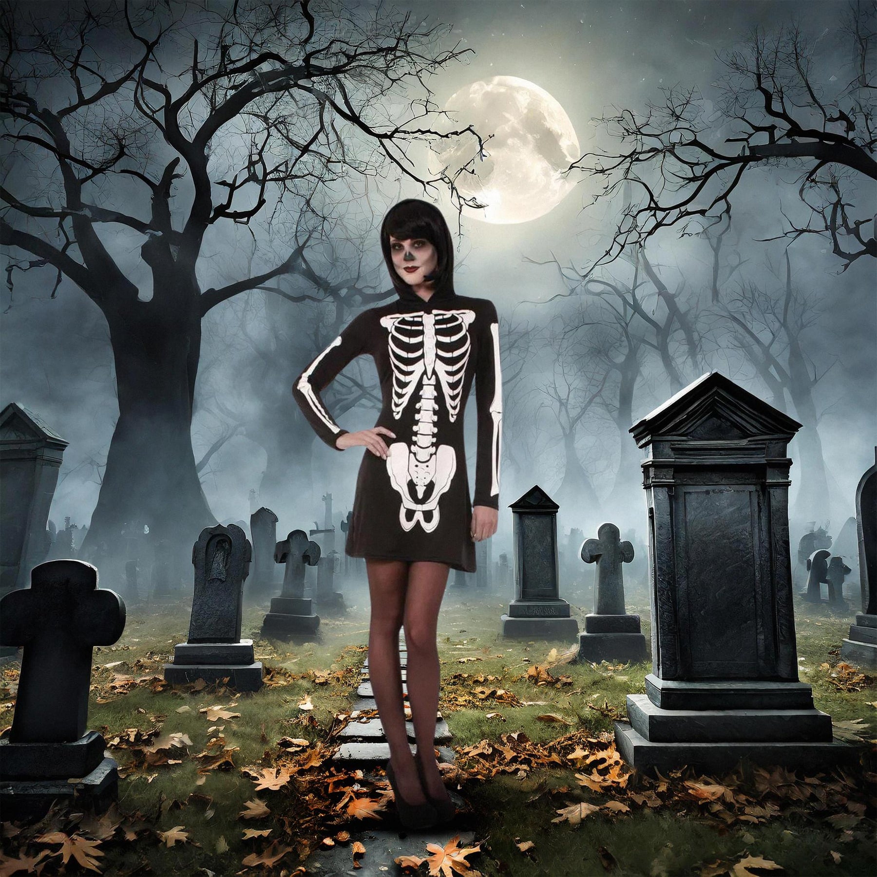 Skeleton Hooded Mini Dress Adult Costume