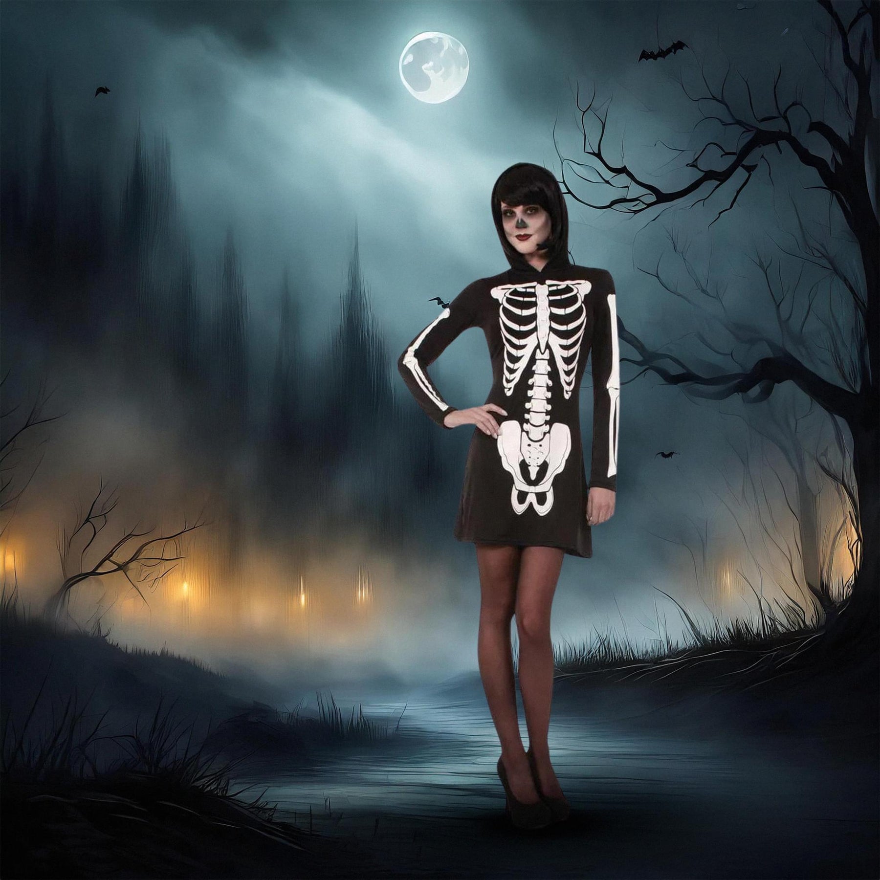 Skeleton Hooded Mini Dress Adult Costume