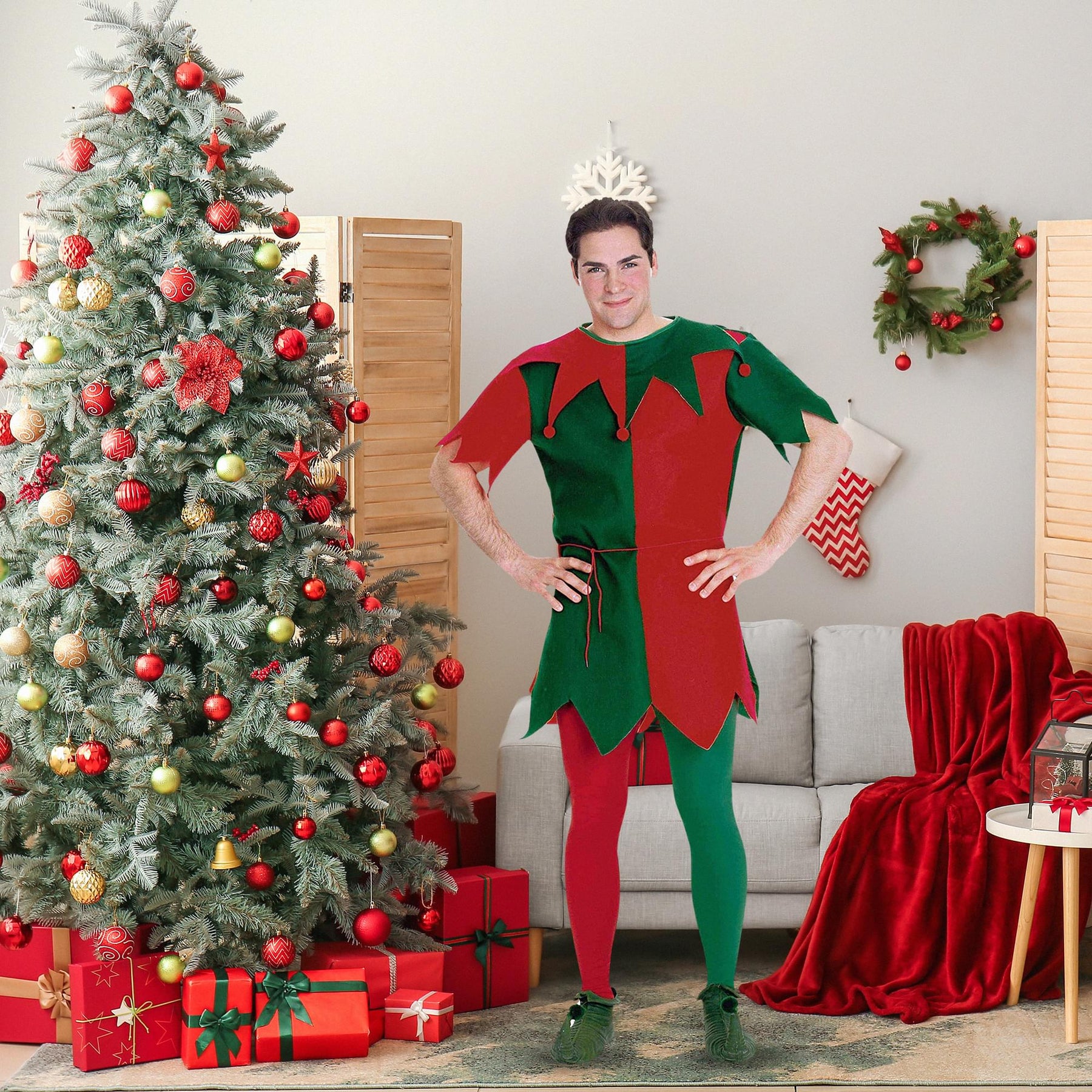 Christmas Holiday Elf Costume Tights Adult: Red & Green