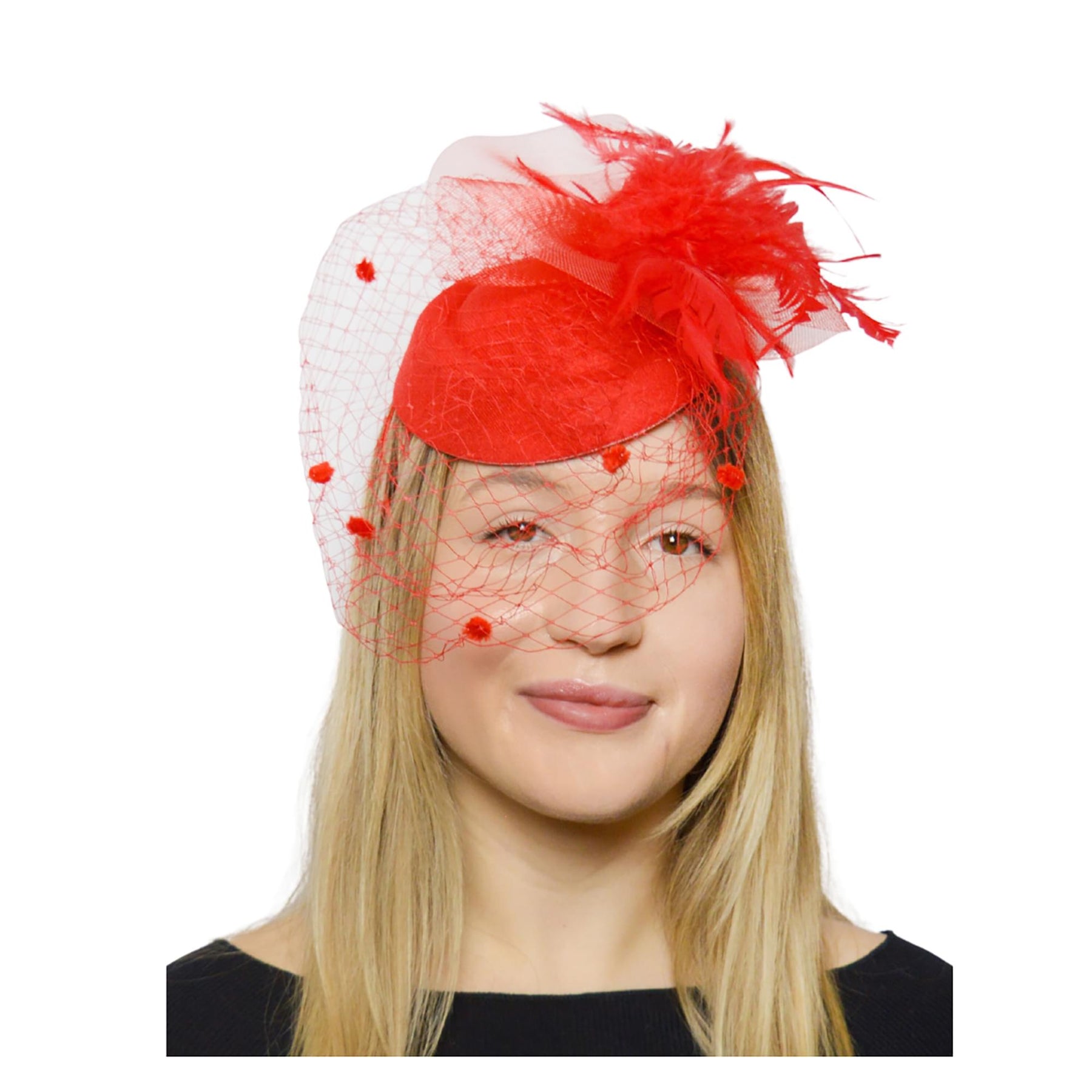 Feathery Red Fascinator with Lace Veil Adult Costume Hat