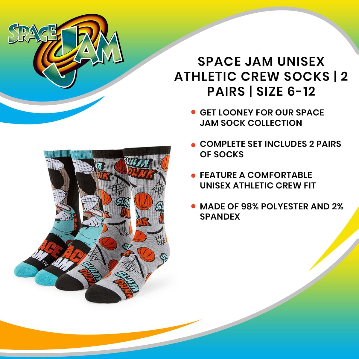 Space Jam Unisex Athletic Crew Socks | 2 Pairs | Size 6-12