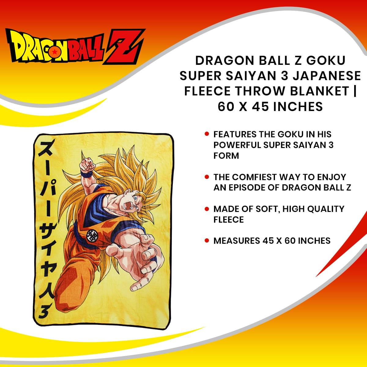 Dragon Ball Z Goku Super Saiyan 3 Japanese Fleece Throw Blanket | 60 x 45 Inches