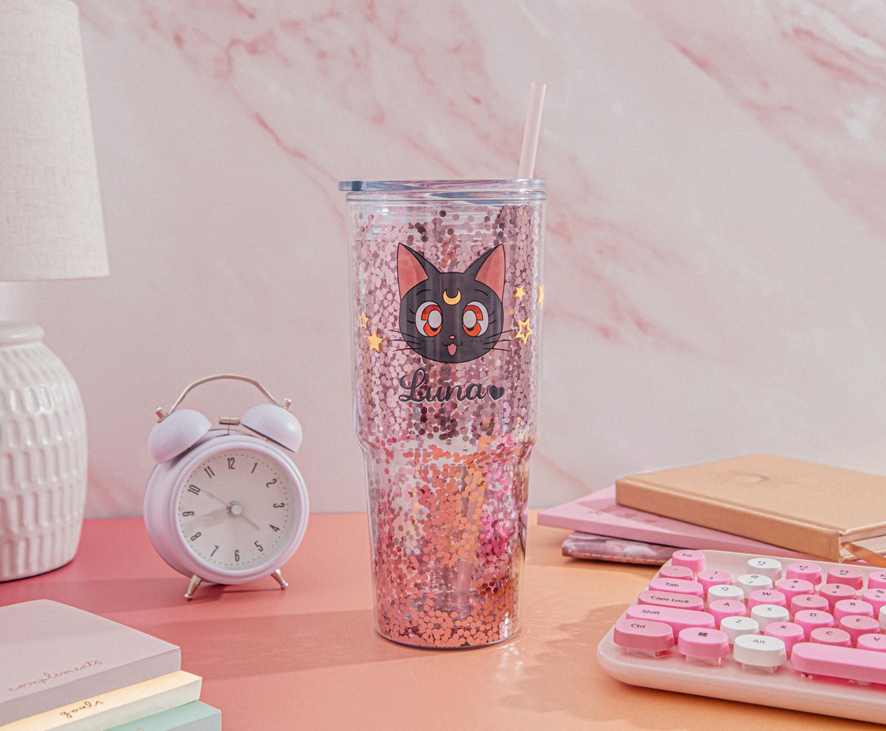 Cat Glitter Acrylic Tumbler with Straw, Pink, 16 Ounces, Mardel