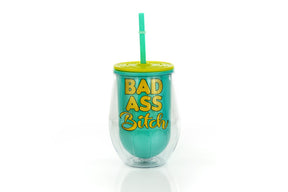 Bad Ass Bitch Reusable Plastic Wine Tumbler Cup With Lid & Straw | Holds 12 Ounces