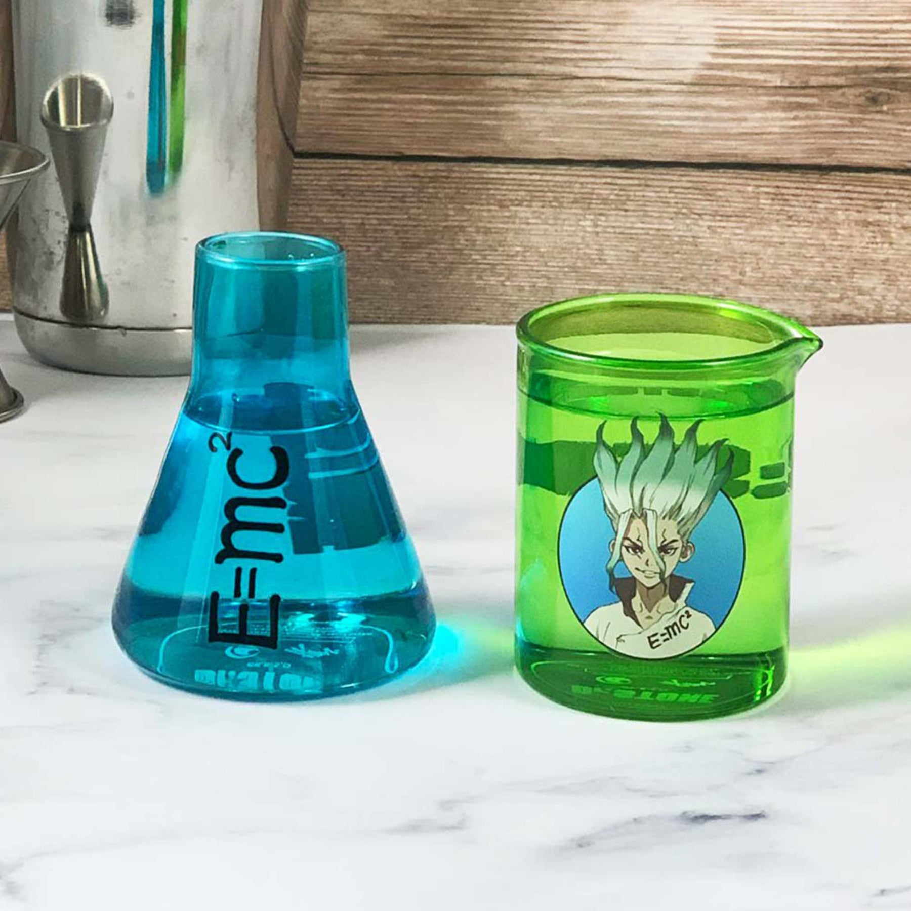 Dr. Stone Senku and E=mc2 3oz Beaker Mini Glass Set of 2