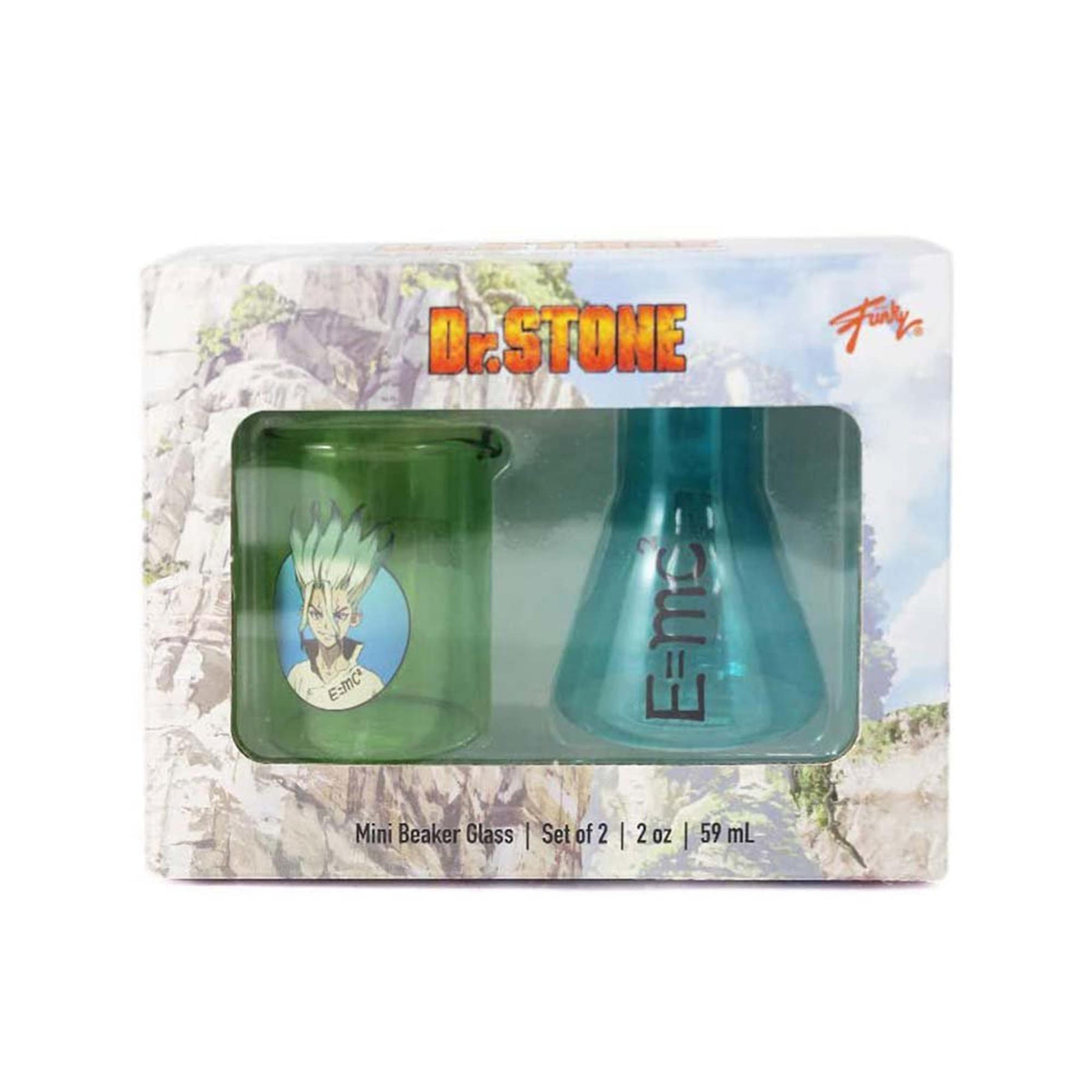 Dr. Stone Senku and E=mc2 3oz Beaker Mini Glass Set of 2