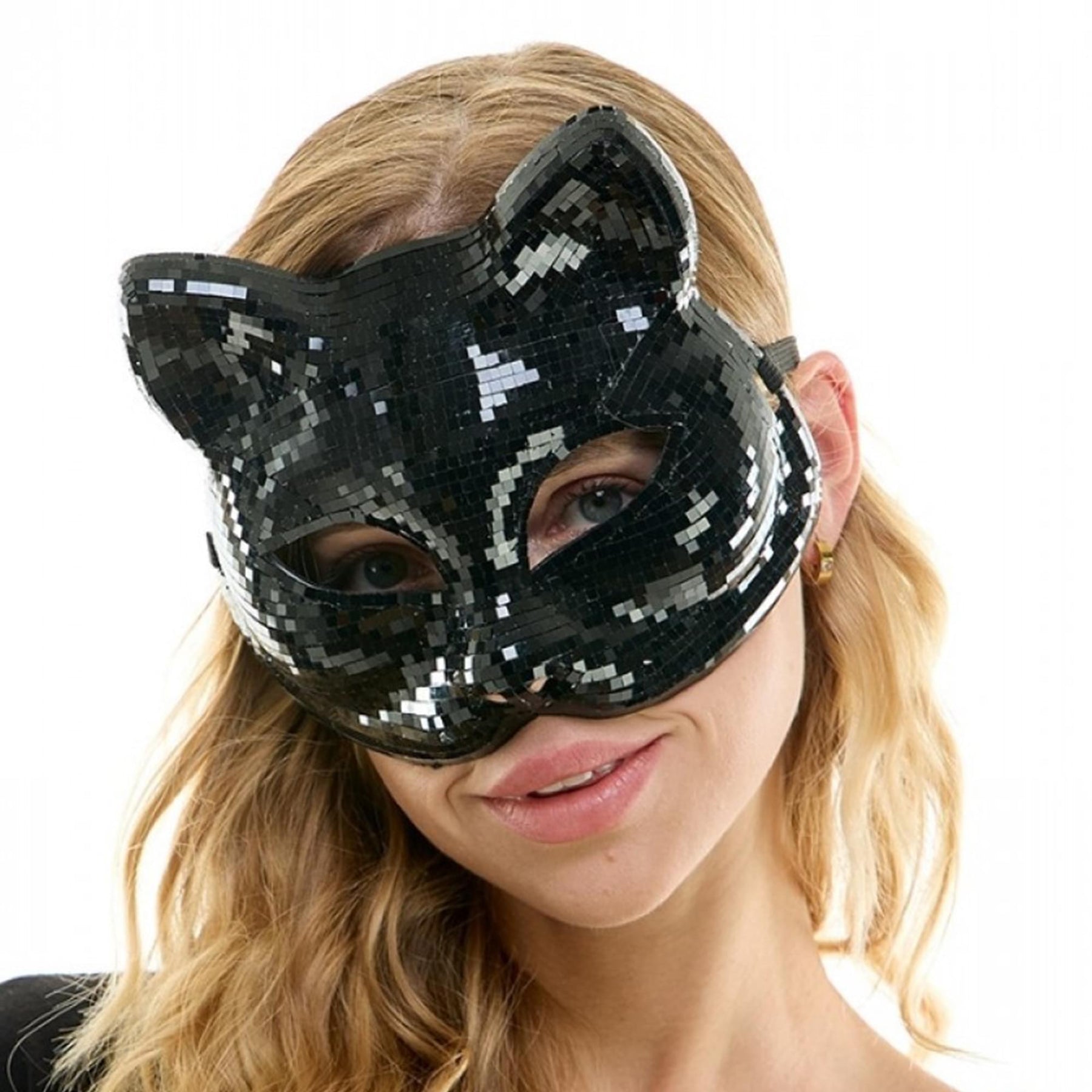 Bedazzled Black Mirror Cat Mask Adult Costume Accessory