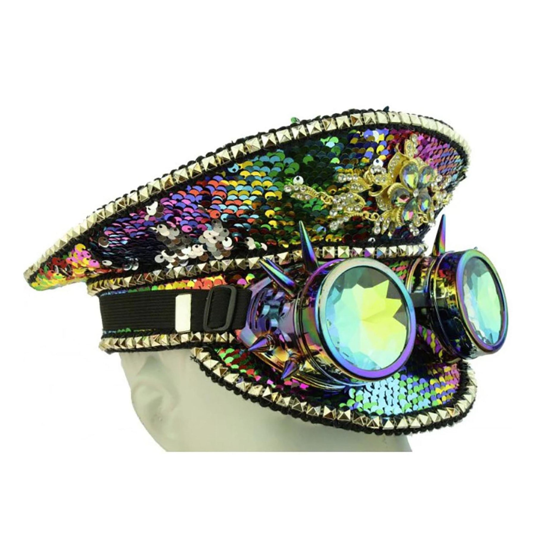 Rainbow Bedazzled Sequin Adult Costume Sailor Hat with Goggles