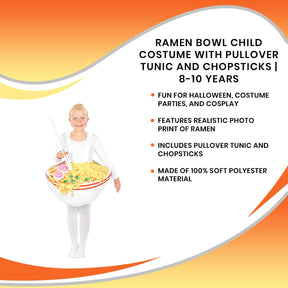 Ramen Bowl Child Costume with Pullover Tunic and Chopsticks | 8-10 Years