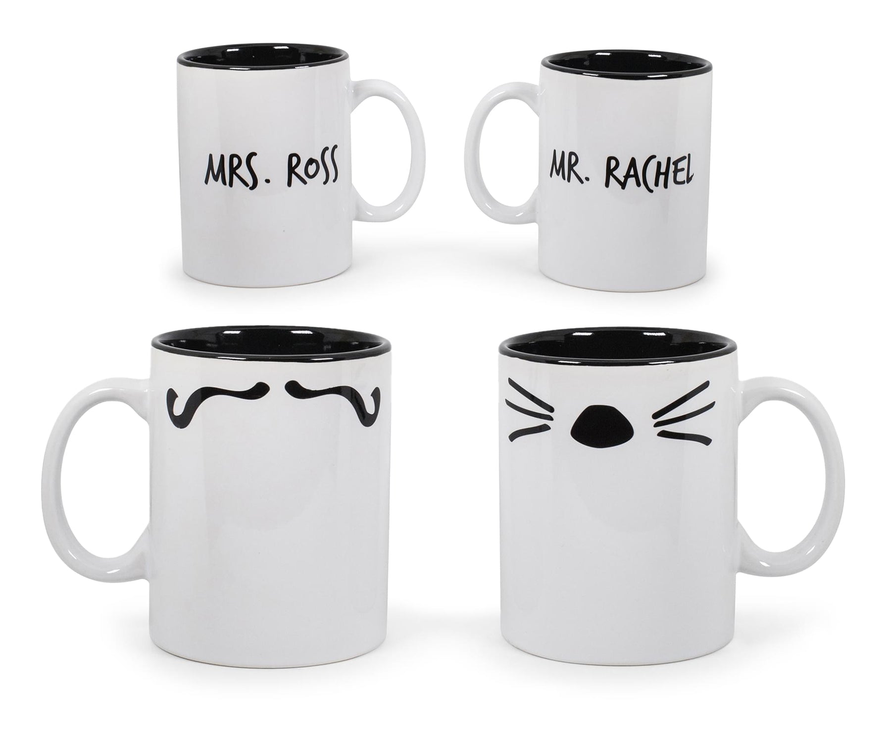 Friends Mr. Rachel Whiskers and Mrs. Ross Moustache Double-Sided Mugs | Set of 2