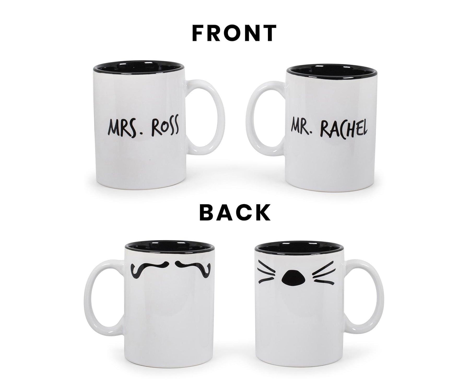 Friends Mr. Rachel Whiskers and Mrs. Ross Moustache Double-Sided Mugs | Set of 2