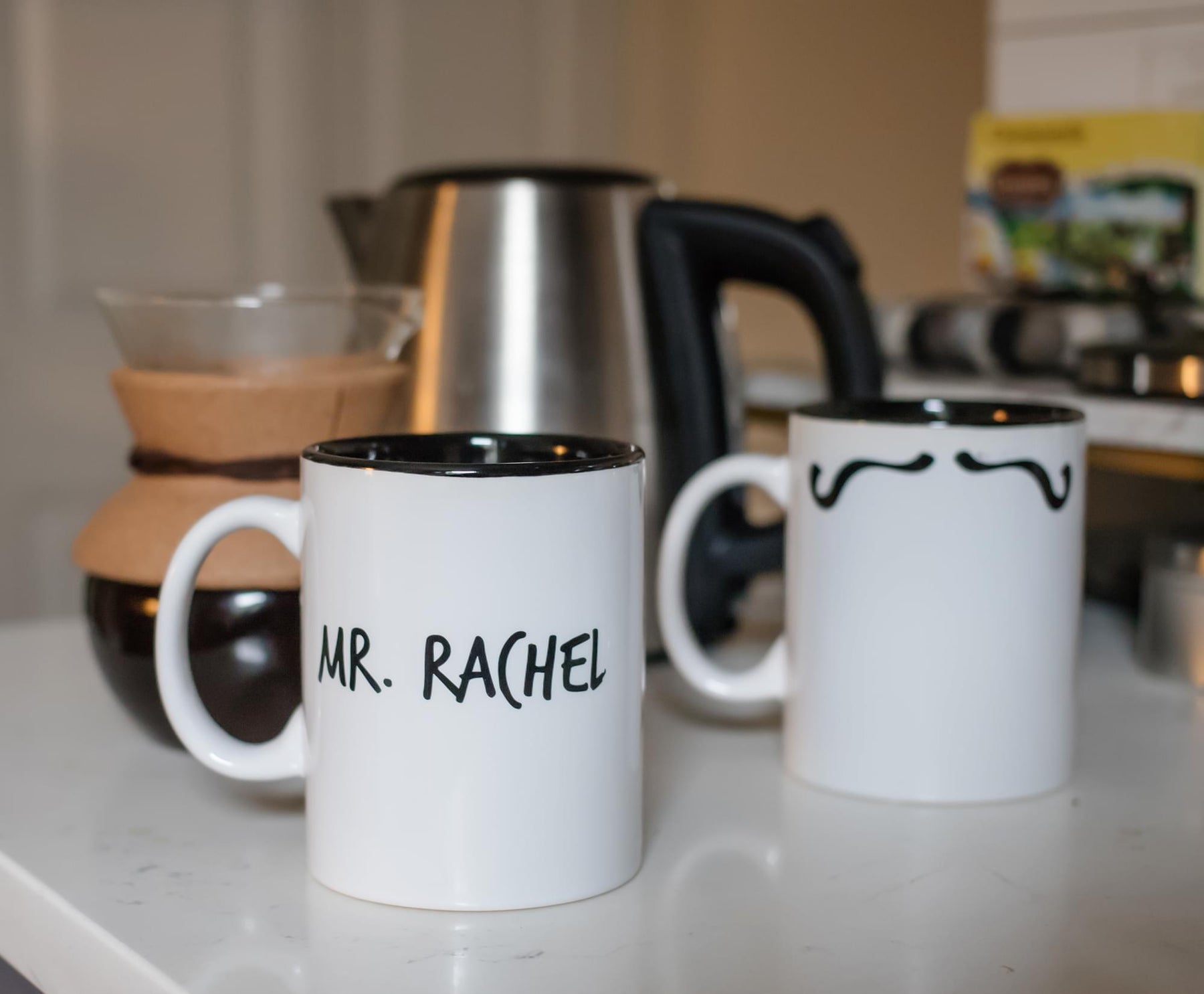 Friends Mr. Rachel Whiskers and Mrs. Ross Moustache Double-Sided Mugs | Set of 2