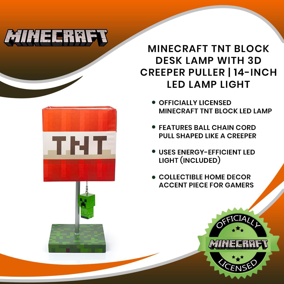 Minecraft TNT Block Desk Lamp with 3D Creeper Puller | 14-Inch LED Lamp Light