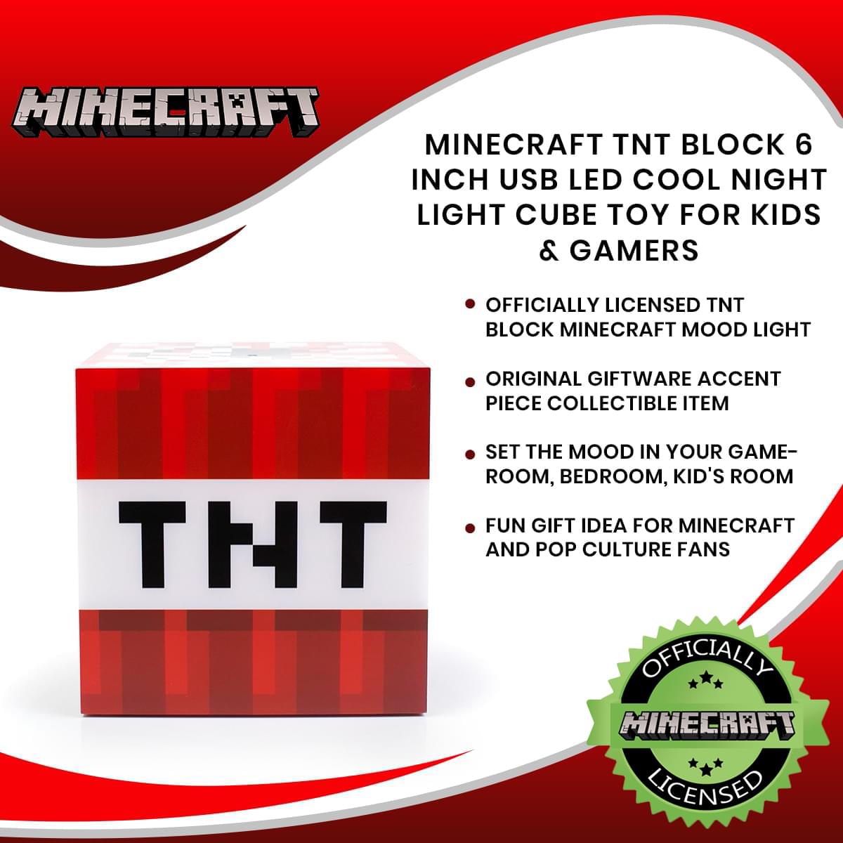 Minecraft TNT Block 6 Inch USB LED Cool Night Light Cube Toy for Kids & Gamers