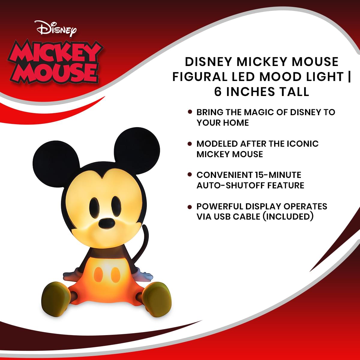 Disney Mickey Mouse Figural LED Mood Light | 6 Inches Tall