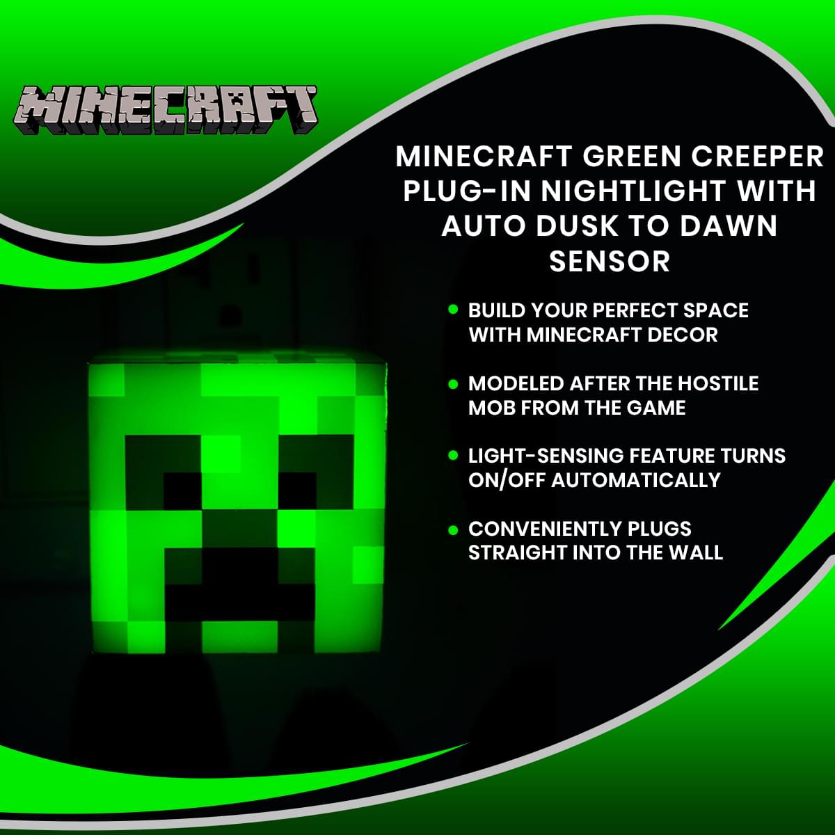 Minecraft Green Creeper Plug-In Nightlight with Auto Dusk to Dawn Sensor