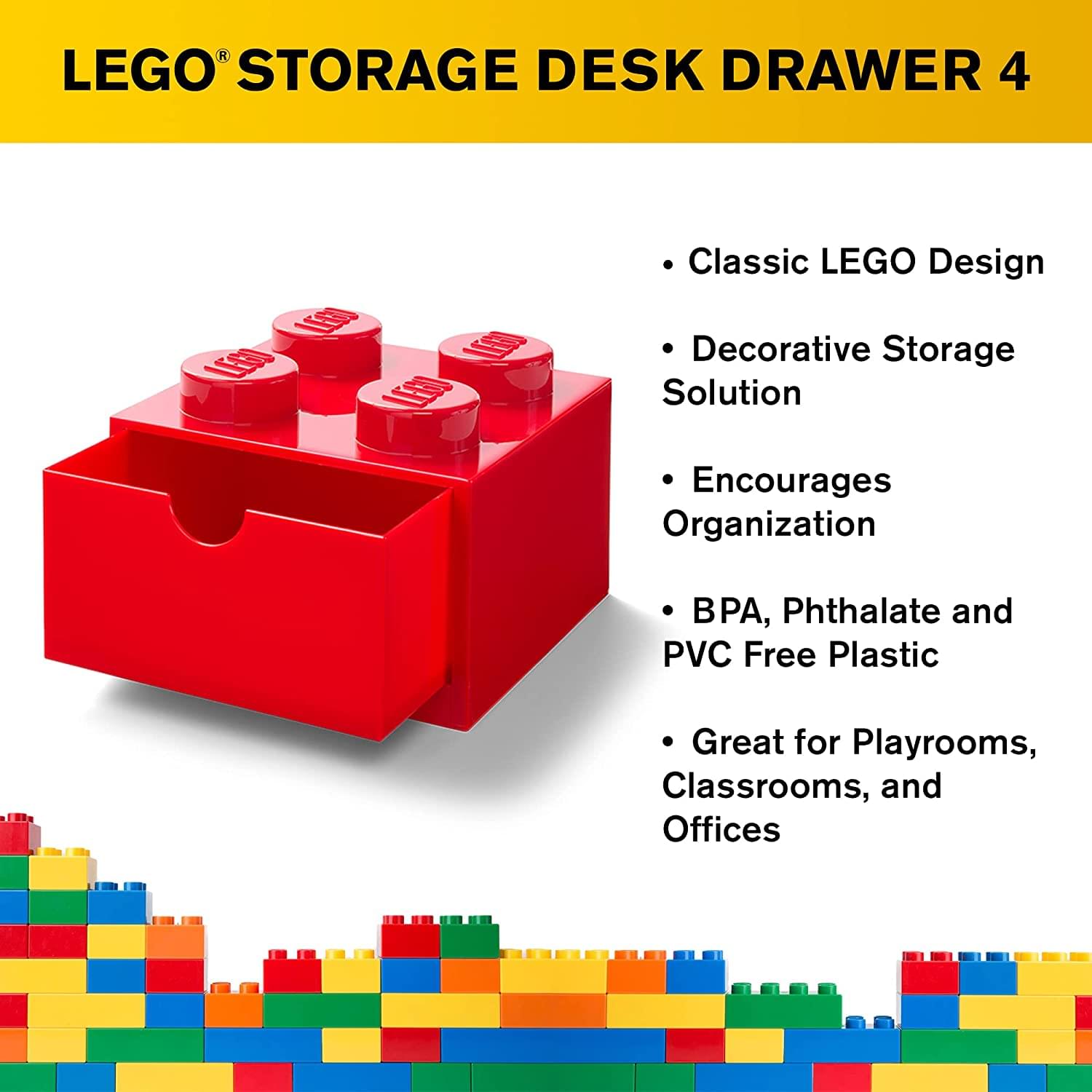 LEGO Desk Drawer 4 Knobs Stackable Storage Box | Red