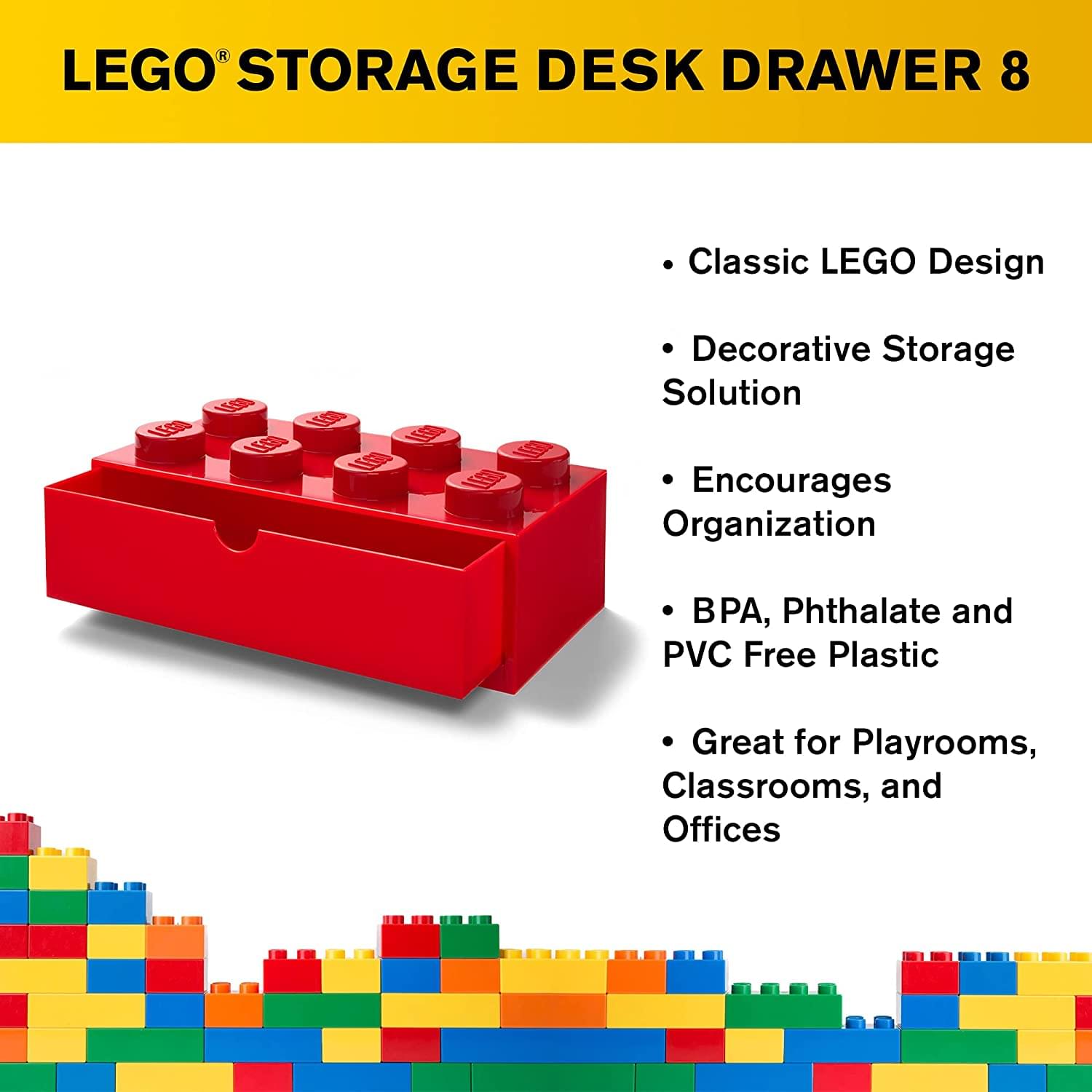 LEGO Desk Drawer 8 Knobs Stackable Storage Box | Red