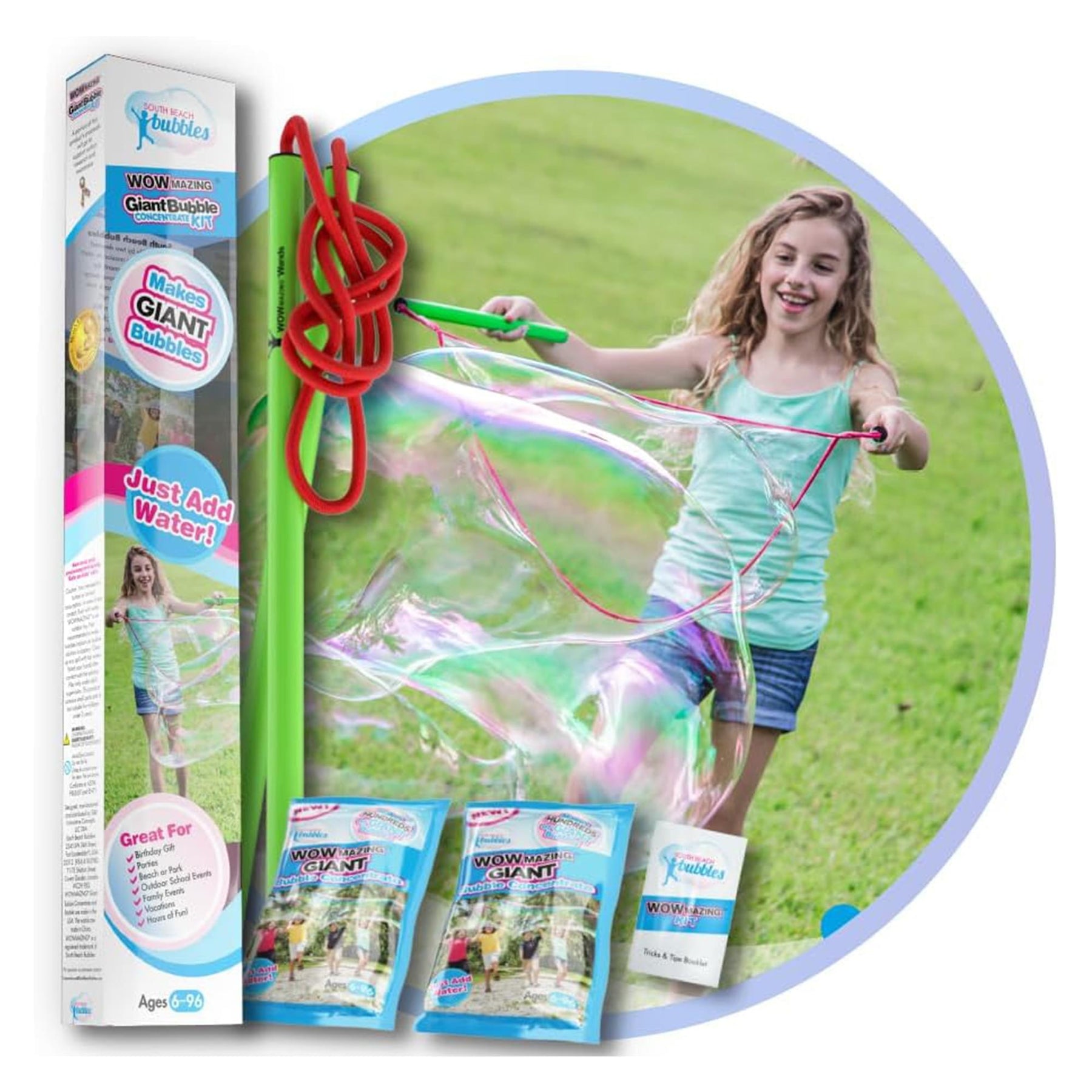 WOWmazing Giant Bubble Wands 3-Piece Kit | Wand + Bubble Concentrate + Booklet