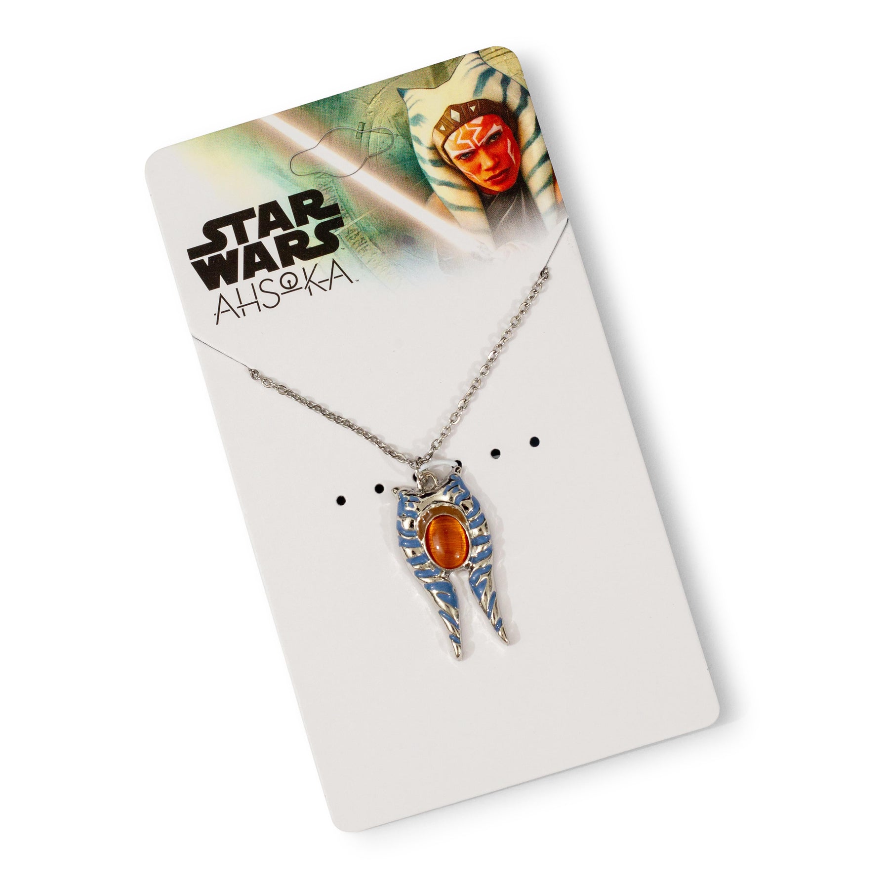 Star Wars Ahsoka 3D Mandrils Orangecats Eye Pendant Necklace | Carded | chain 1.5mm, 18" + 2" ,pendant 3cm, stone 1cm | Basemetal Pendant w/ Synthetic Gem in a stainless steel chain