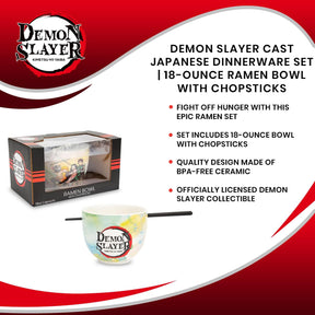 Demon Slayer Cast Japanese Dinnerware Set | 18-Ounce Ramen Bowl with Chopsticks