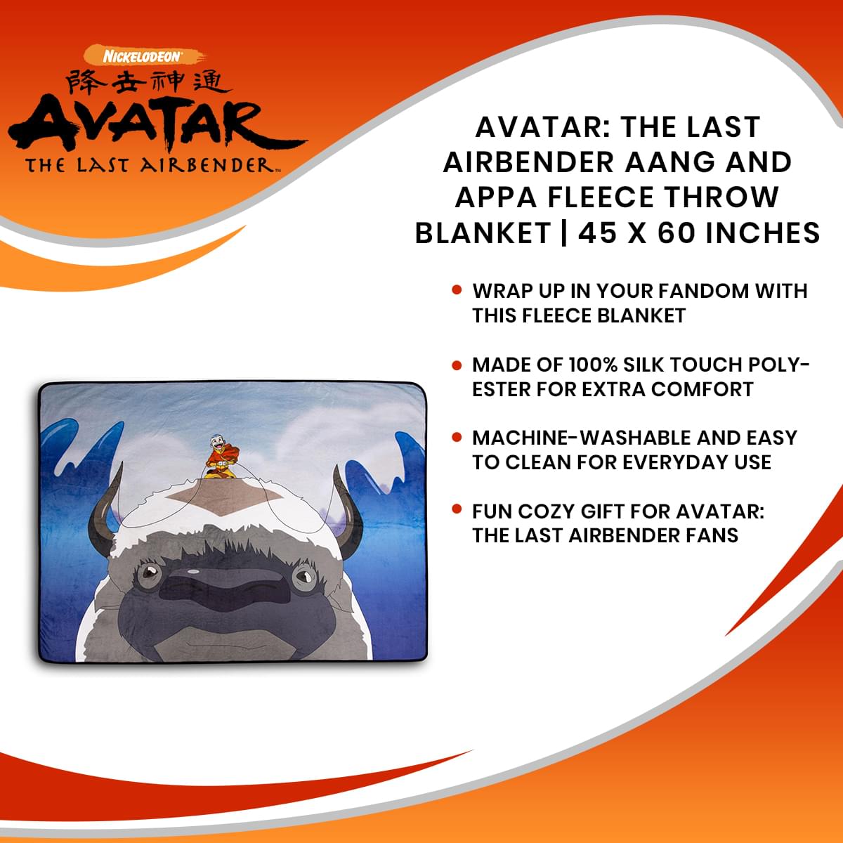 Avatar: The Last Airbender Aang and Appa Fleece Throw Blanket | 45 x 60 Inches