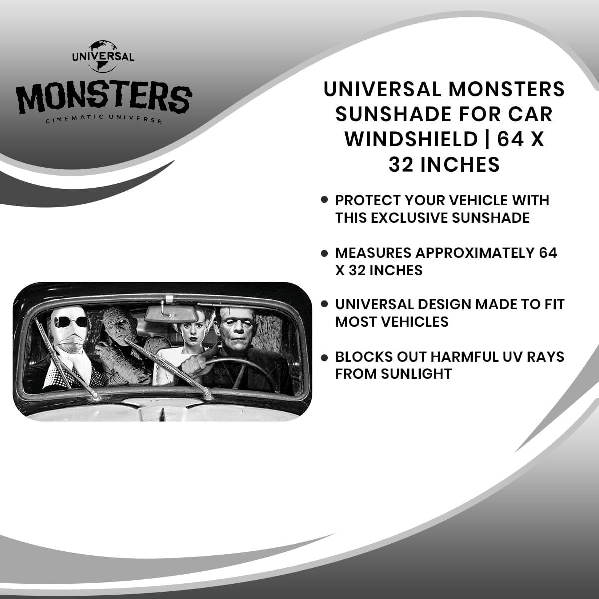 Universal Monsters Sunshade for Car Windshield | 64 x 32 Inches