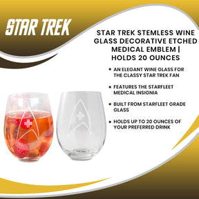 Star Trek Stemless Wine Glass Decorative Etched Medical Emblem | Holds 20 Ounces