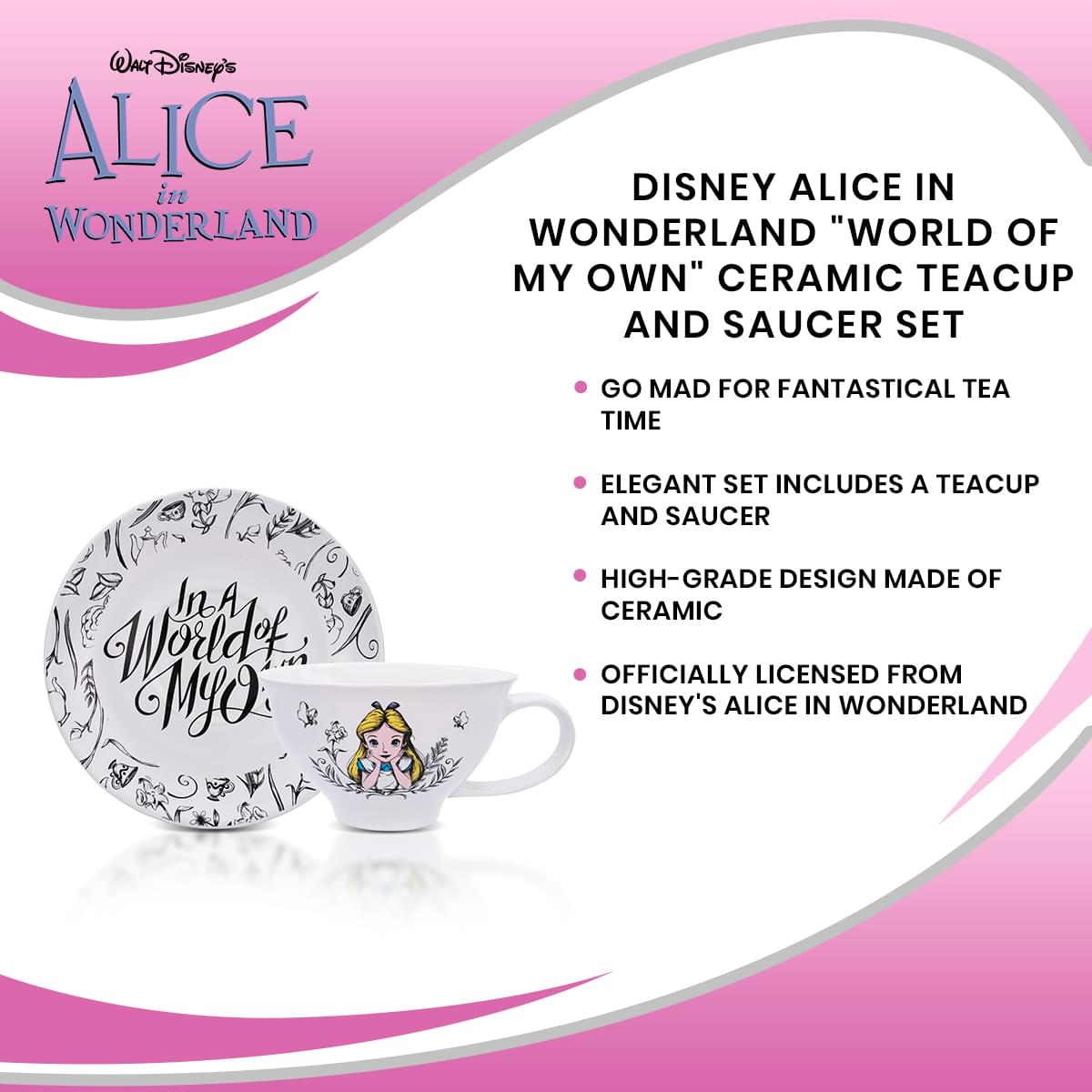 Disney Alice In Wonderland "World of My Own" Ceramic Teacup and Saucer Set