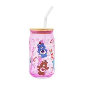 Care Bears Holiday Glass Tumbler With Bamboo Lid and Straw | Holds 16 Ounces