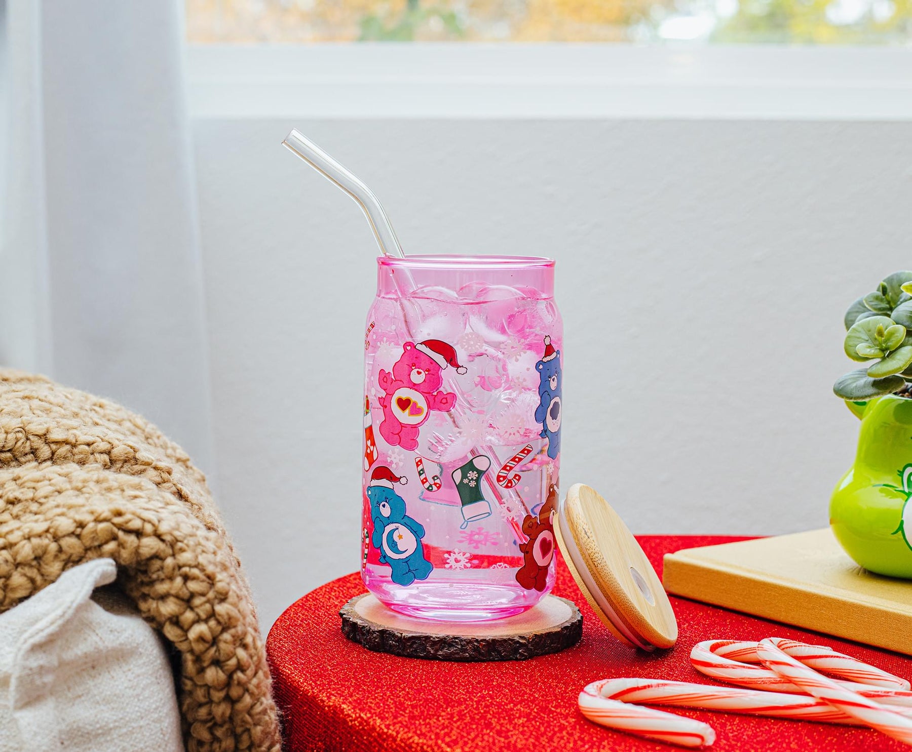 Care Bears Holiday Glass Tumbler With Bamboo Lid and Straw | Holds 16 Ounces