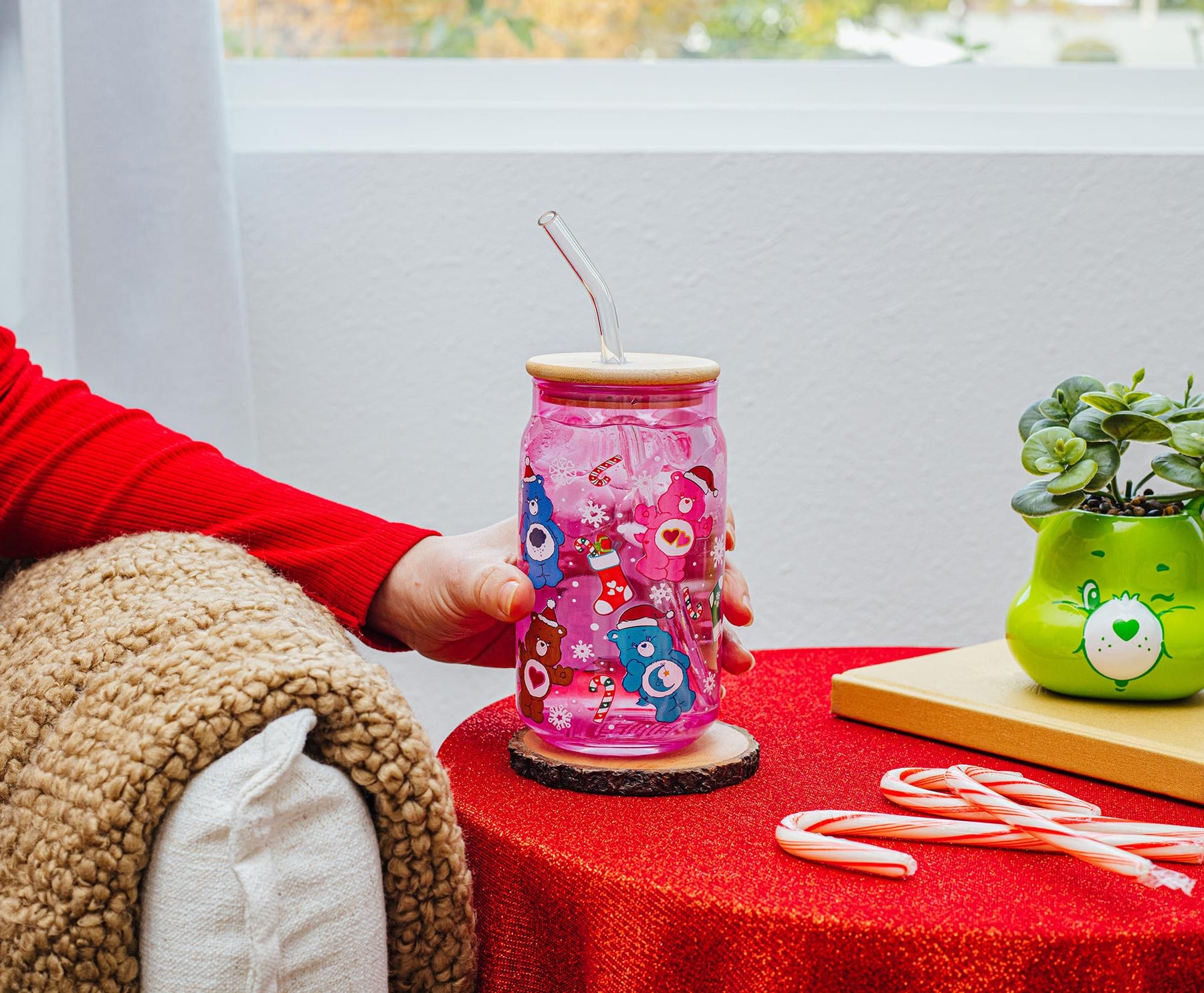 Care Bears Holiday Glass Tumbler With Bamboo Lid and Straw | Holds 16 Ounces