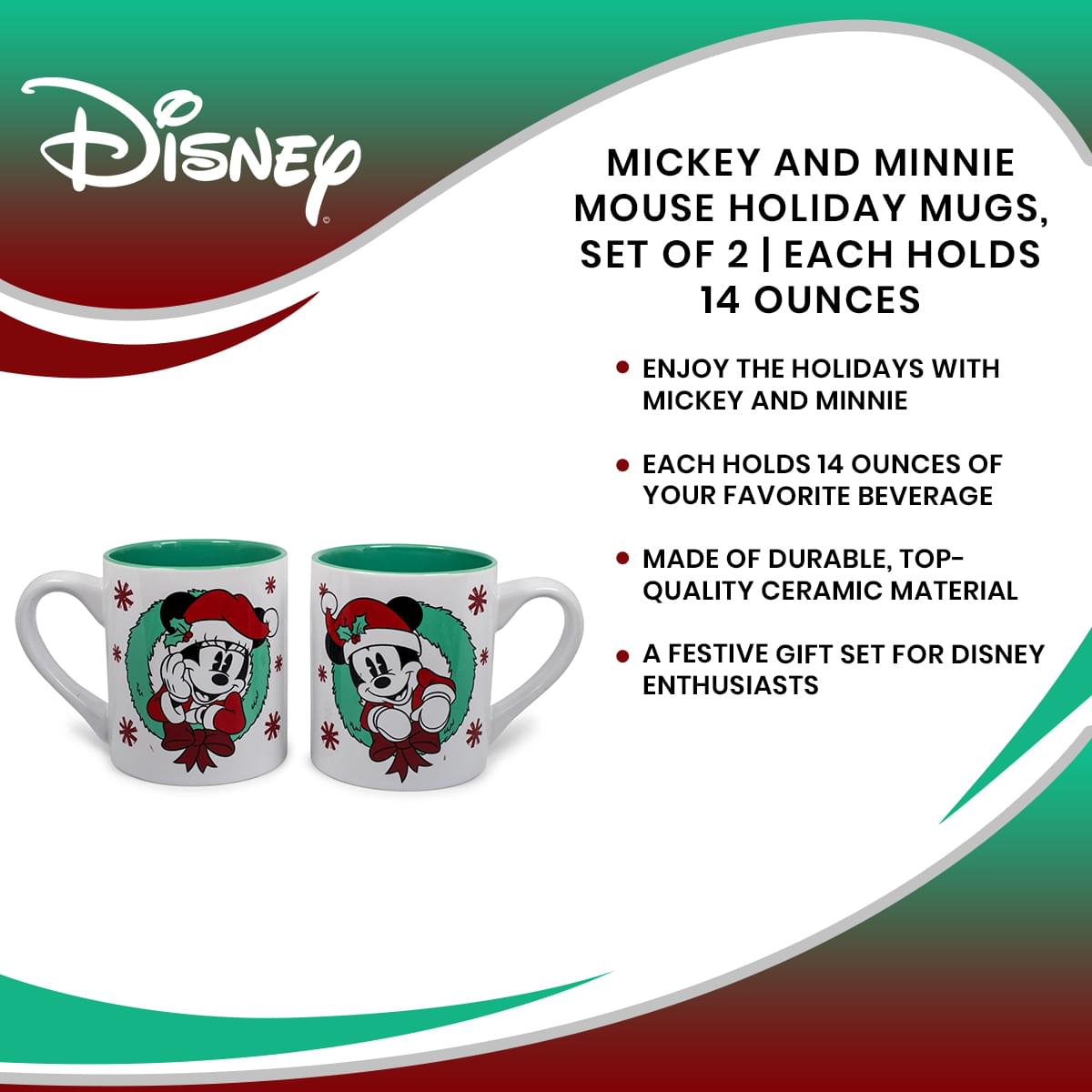 Mickey and Minnie Mouse Holiday Mugs, Set of 2 | Each Holds 14 Ounces