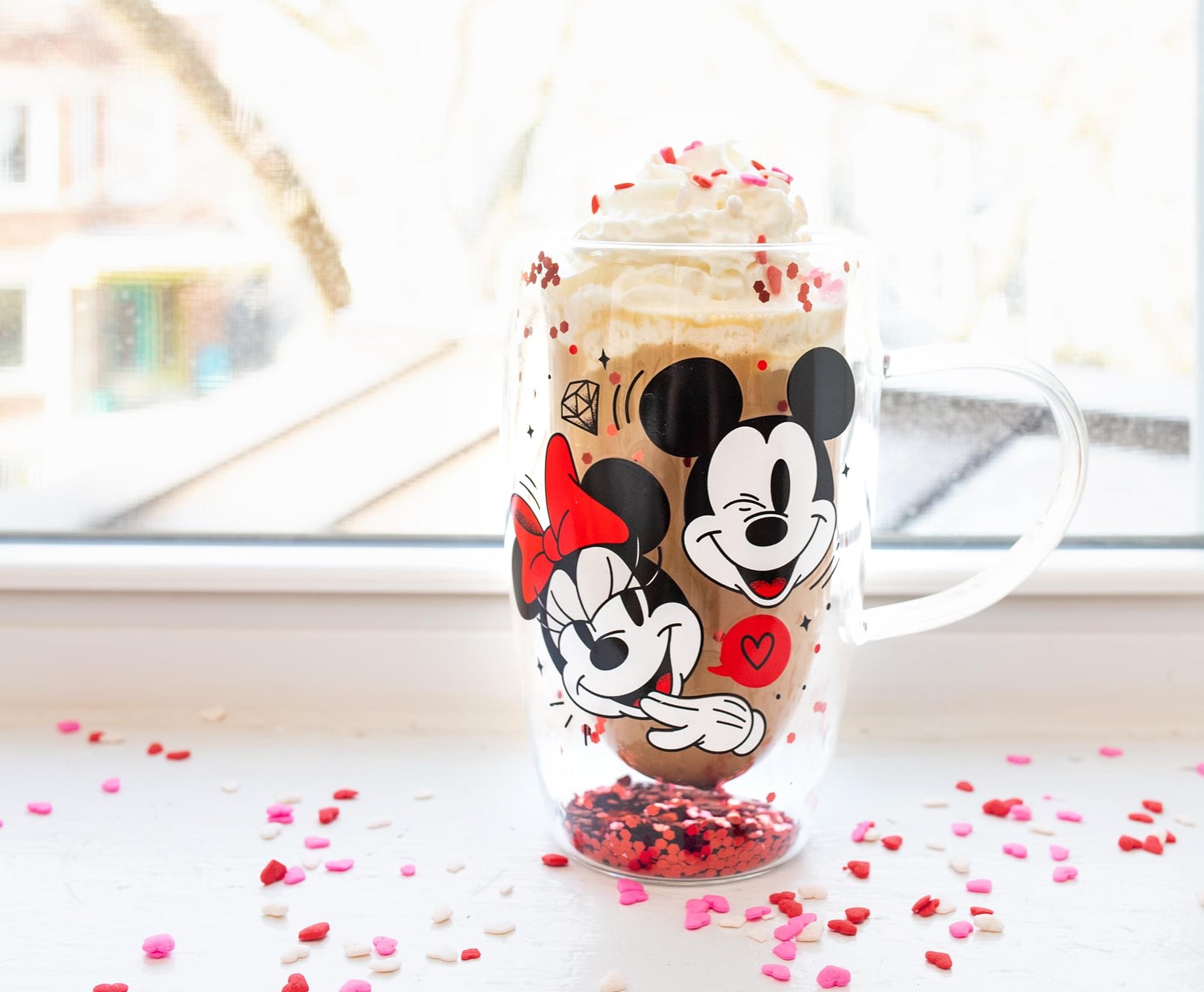 Disney Mickey and Minnie Hearts & Diamonds Confetti Glass Mug | Holds 15 Ounces