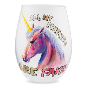 Pink Unicorn "All My Friends Are Fake" Stemless Wine Glass | Holds 20 Ounces