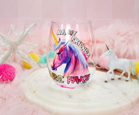 Pink Unicorn "All My Friends Are Fake" Stemless Wine Glass | Holds 20 Ounces