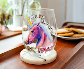 Pink Unicorn "All My Friends Are Fake" Stemless Wine Glass | Holds 20 Ounces