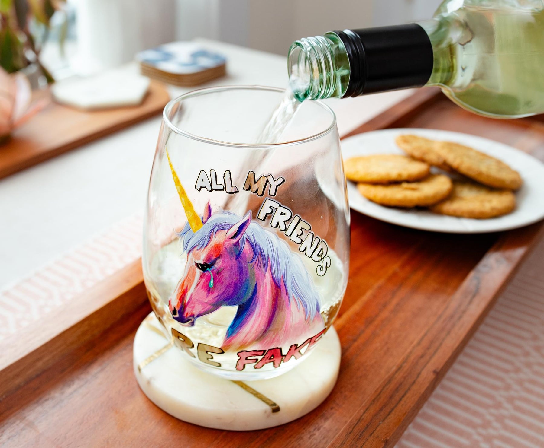 Pink Unicorn "All My Friends Are Fake" Stemless Wine Glass | Holds 20 Ounces