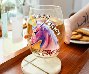 Pink Unicorn "All My Friends Are Fake" Stemless Wine Glass | Holds 20 Ounces