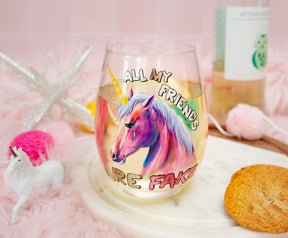 Pink Unicorn "All My Friends Are Fake" Stemless Wine Glass | Holds 20 Ounces